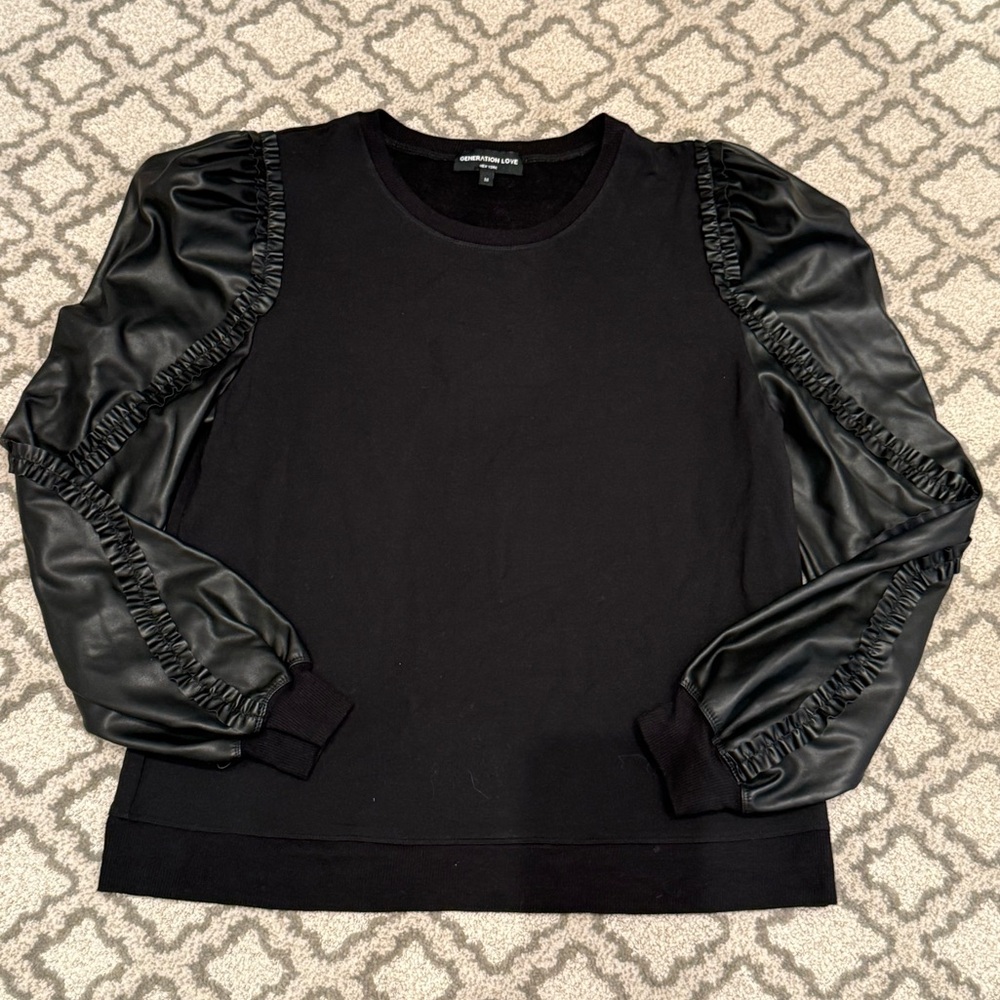 Generation Love Ruffle Sweatshirt Faux Leather Sleeves Bloomingdale’s M Medium